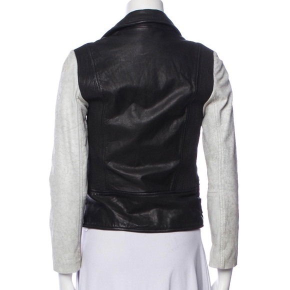 All Saints Albany Moto Jacket Black Leather Gray Sleeves Biker Grunge Size 4 NEW - Picture 10 of 14